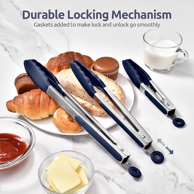 Tongs with Silicone Tips, Lockable Design, Midnight Blue Finish