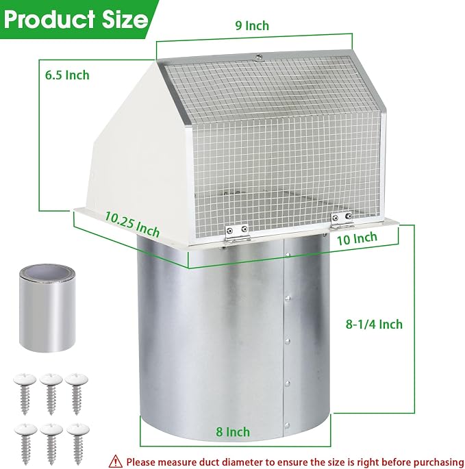 8 Inch Hooded Wall Vent with Screen and Damper, Outdoor Wall Exhaust Vent Cover - Image 2