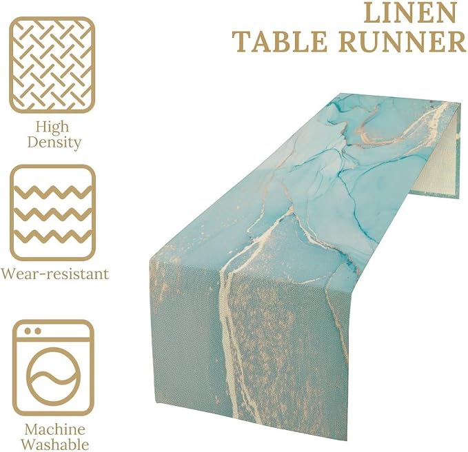Turquoise Aqua Marble Table Runner, Modern Teal Watercolor Print Table Runner - Image 6