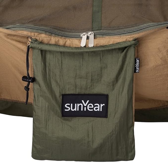 Hammock with Straps and Carabiners, 210T Parachute Nylon, Coffee/Green