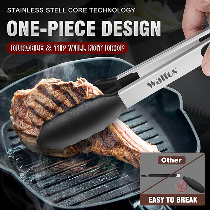 Tongs Set, 3-Piece Black Silicone Tip with 7, 9 and 12 Inch Lengths