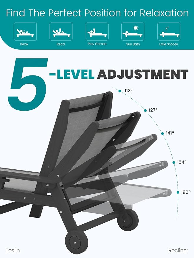 SERWALL Textilene Patio Chaise Lounge Chair Set of 2, 5 Positions Outdoor - Image 3