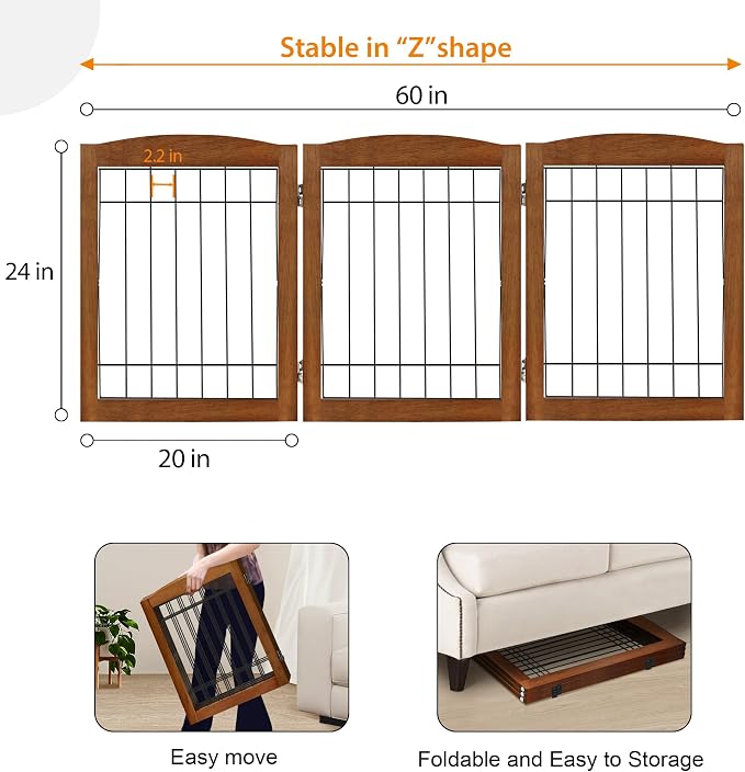 LZRS 3-Panel Freestanding Foldable Wooden Dog Gate –Solid Wood & Steel Wire - Image 5