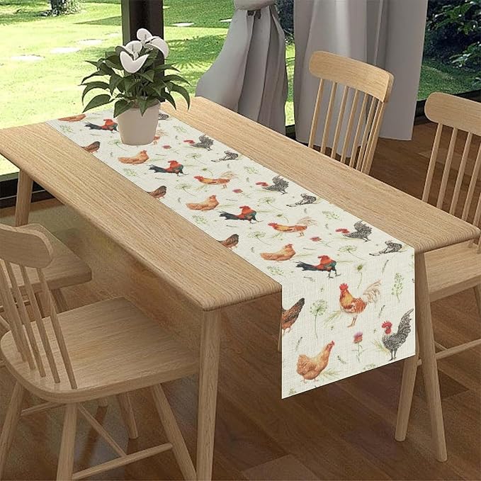Farmhouse Rooster Table Runner, Rustic Farm Animals Cow Pig Chicken Coffee - Image 3