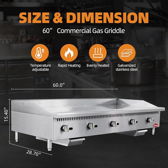 60" Commercial Countertop Griddle, 5 Burners Gas Griddle, 150000 BTU Output - Image 2