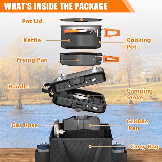 Hisencn Camping Stove, 2 Burner Propane Stove, 20000 BTU/h Camping Cooking set - Image 2