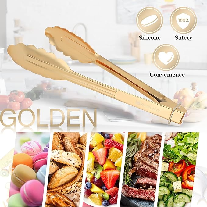 Serving Tongs, 9-Inch Gold-Plated Aluminum, Set of 3