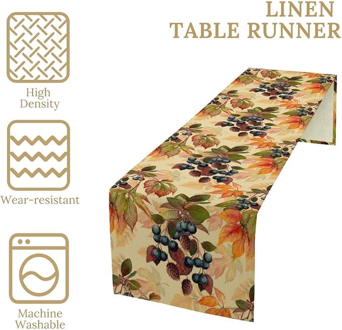 Autumn Leaf Table Runner, Thanksgiving Autumn Harvest Watercolor Black Berry - Image 3