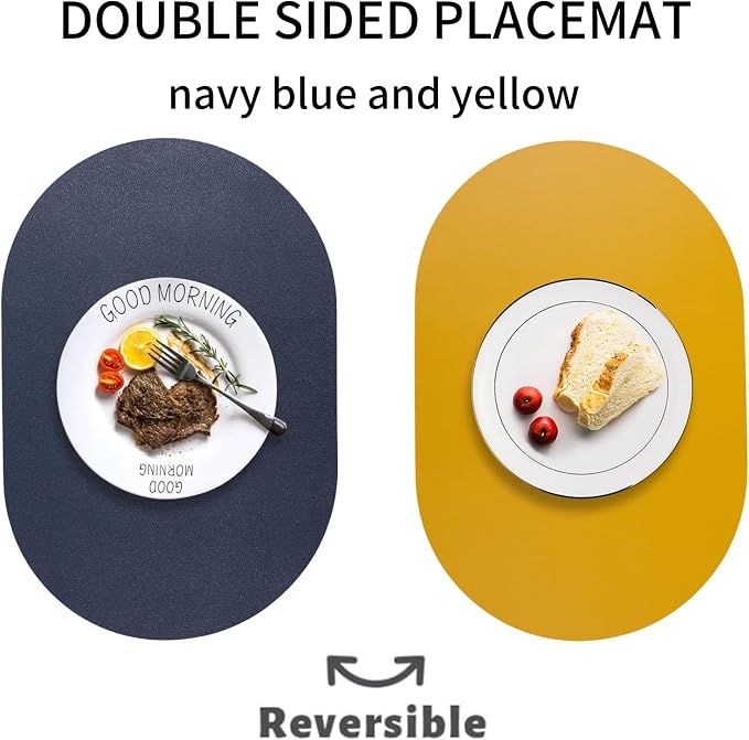 Reversible Placemats Set of 6 Waterproof Oval Faux Leather Placemat Navy Blue - Image 2