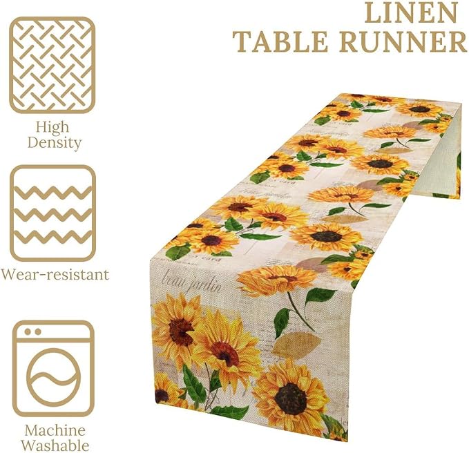 Sunflower Table Runner, Rustic Old Paper Seasonal Table Runner Farmhouse - Image 6