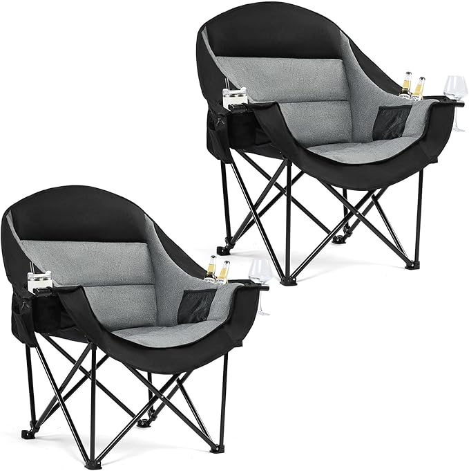 Camping Chair, Oversized Padded Steel Frame, Black 2-Pack