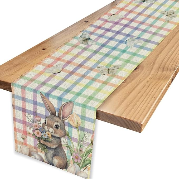Happy Easter Table Runner, Rustic Watercolor Bunny Flowers Butterflies Eggs - Image 6