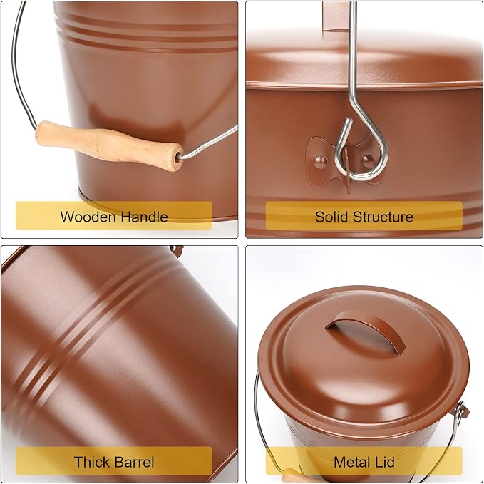 Mini Ash Bucket with Lid, 1.5-Gallon Pail with Shovel and Hand Broom, Metal - Image 3