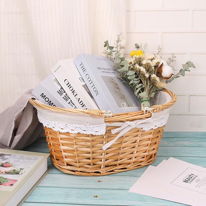 Natural Wicker Basket with Linen Lining, 14 Inch Large Wicker Woven Picnic - Image 6