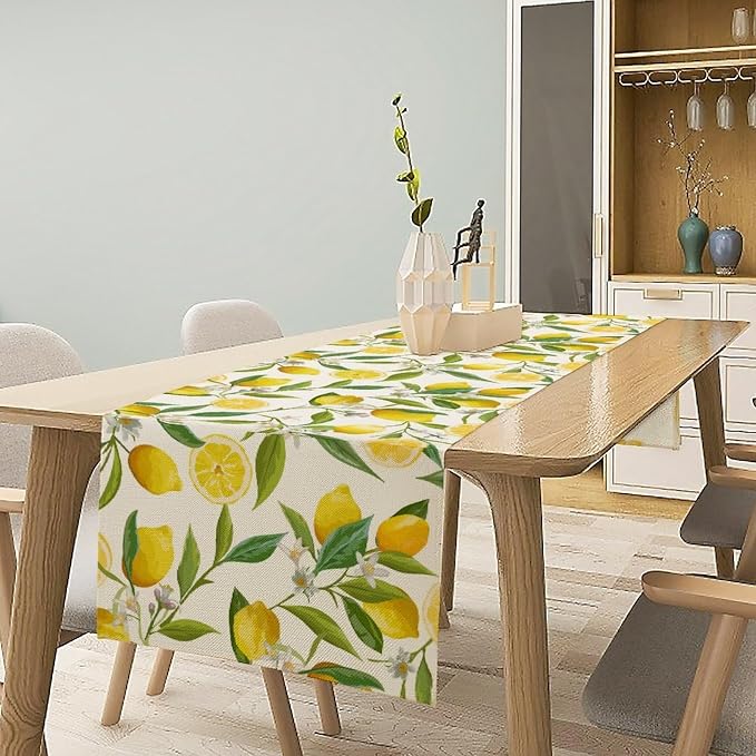 Lemon Table Runner, Summer Fruits Green Leaves Flower Plant Table Runner - Image 3