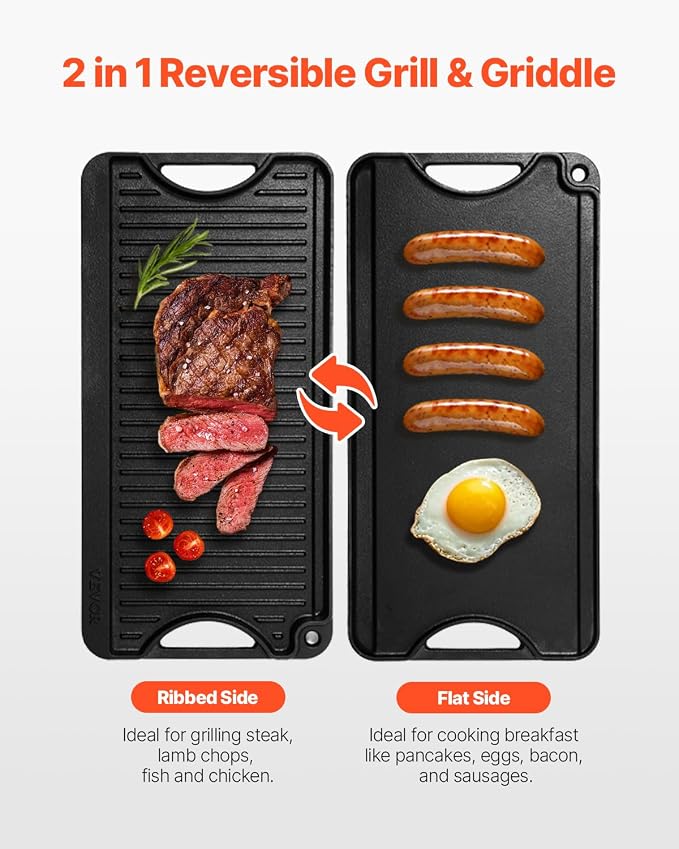 VEVOR Reversible Grill/Griddle, 20x10 inch Pre-Seasoned Cast Iron Griddle - Image 2