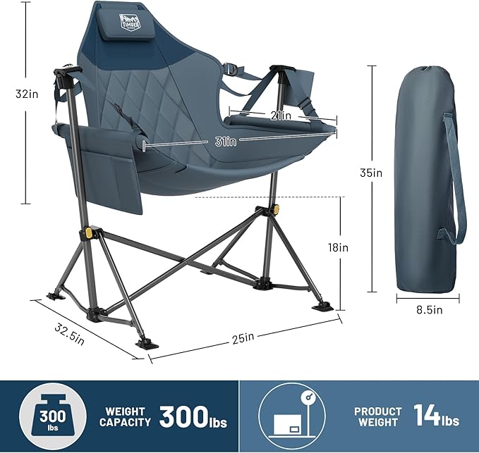 Folding Hammock Chair, Blue Steel Frame, Adjustable Backrest (2-Pack)