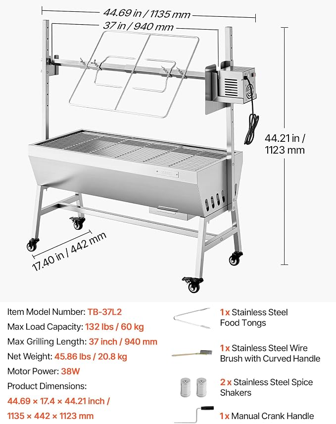 VEVOR Rotisserie Grill, 37in BBQ Outdoor Pig & Lamb Spit Roaster, Charcoal Spit - Image 7