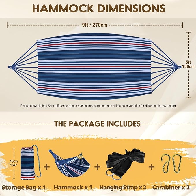 Hammock, Cotton, Blue Red White Stripe, Anti-Rollover Design