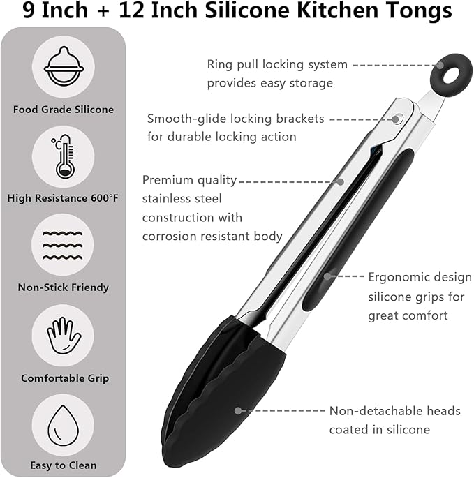 Tongs 9 and 12 Inch Black Stainless Steel with Silicone Tips