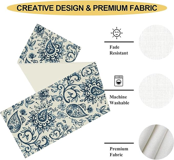 Blue Paisley Table Runner, Vintage Damask Antique Floral Flower Boho Damask - Image 5