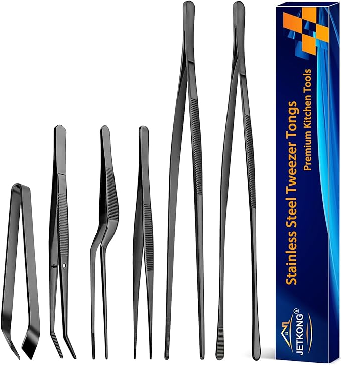 Tweezer Tongs 6-Piece Set, Stainless Steel, 12-Inch and 6.3-Inch, Black