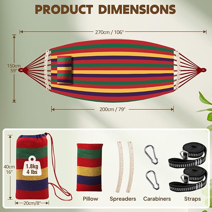 Hammocks Red Striped Cotton with Spreader Bars and Pillow