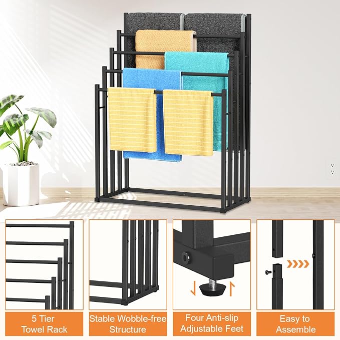 Honiter Towel Racks for Bathroom, 5 Tier Wide Towel Drying Rack Outdoor - Image 6