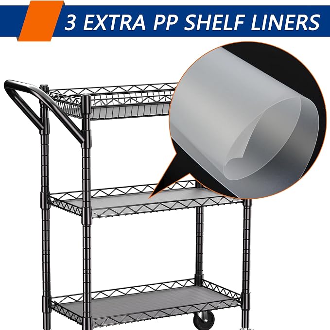3 Tier Heavy Duty Rolling Utility Cart, Commercial Grade Metal - Image 5