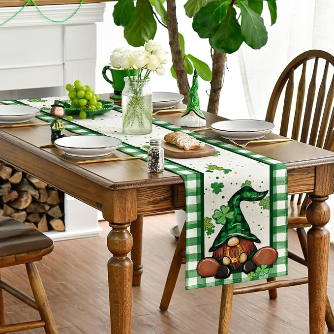 Artoid Mode Shamrock Lucky Buffalo Plaid Gnomes St. Patrick's Day Table Runner - Image 3