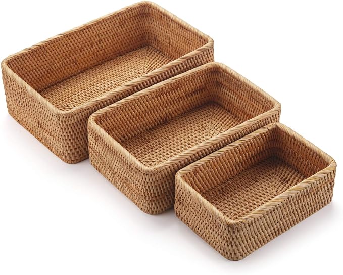 Natural Rattan Fruit Storage Baskets Rectangular Woven Wicker Box by DECRAFTS