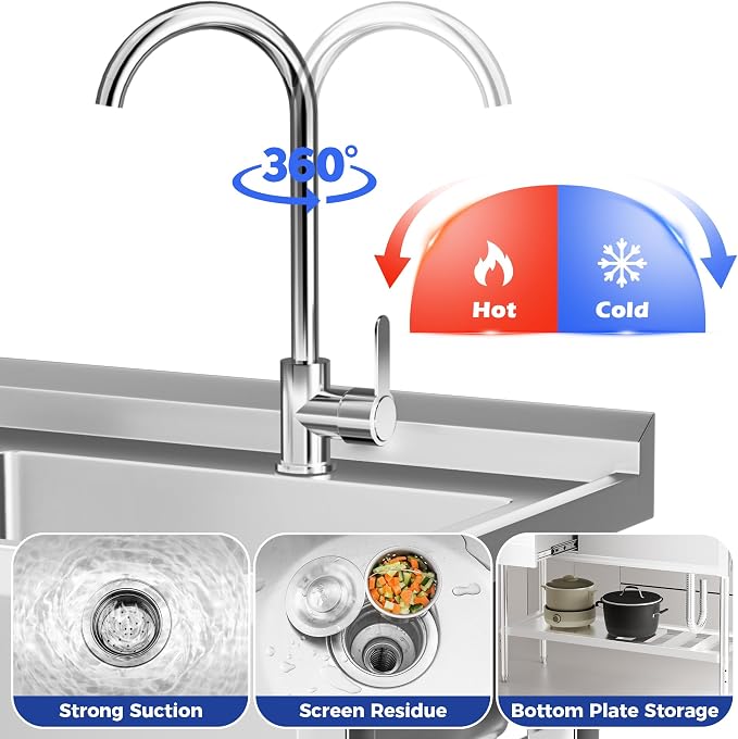 Stainless Steel Sink with Cold and Hot Water Pipes, Free Standing Single Bowl - Image 2