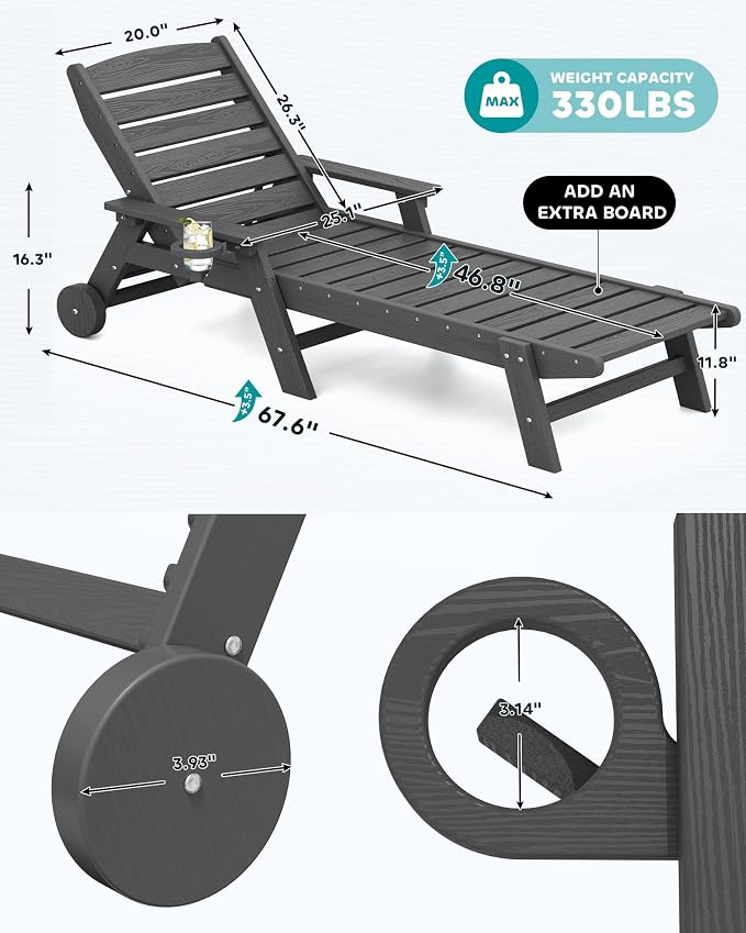 SERWALL Patio Chaise Lounge Chair Set of 4, 5 Positions Adjustable Poly Outdoor - Image 3