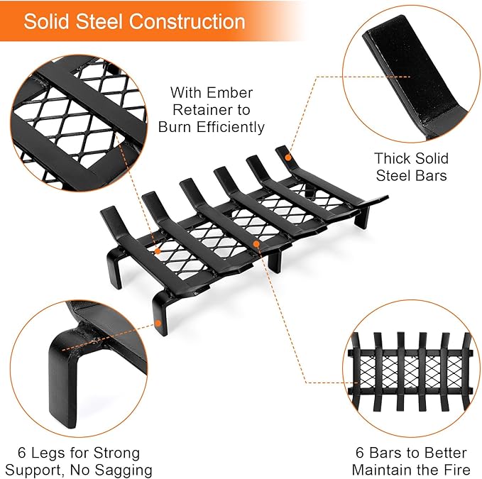 17" Fireplace Grate with Ember Retainer, Wood Stove Grate Rack, Heavy Duty - Image 7