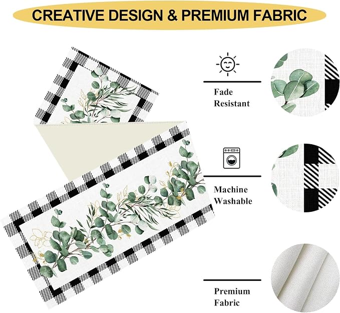 Green Eucalyptus Table Runner, Farmhouse Spring Plants Leaves Checkered Baffalo - Image 4