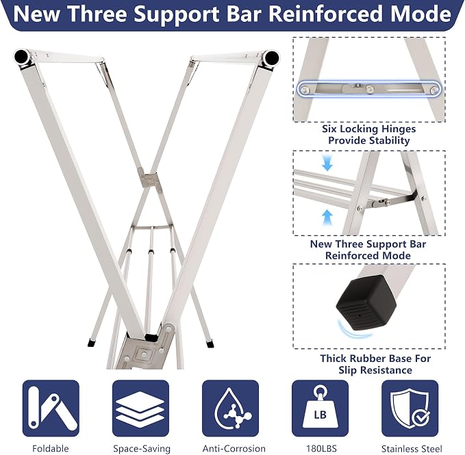 63 inches Foldable Clothes Drying Rack, Heavy Duty Stainless Steel Laundry - Image 5