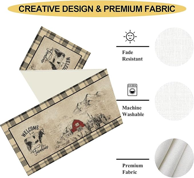 Farmhouse Table Runner, Rustic Country Barn Cottage Rooster Cow Check Animal - Image 5