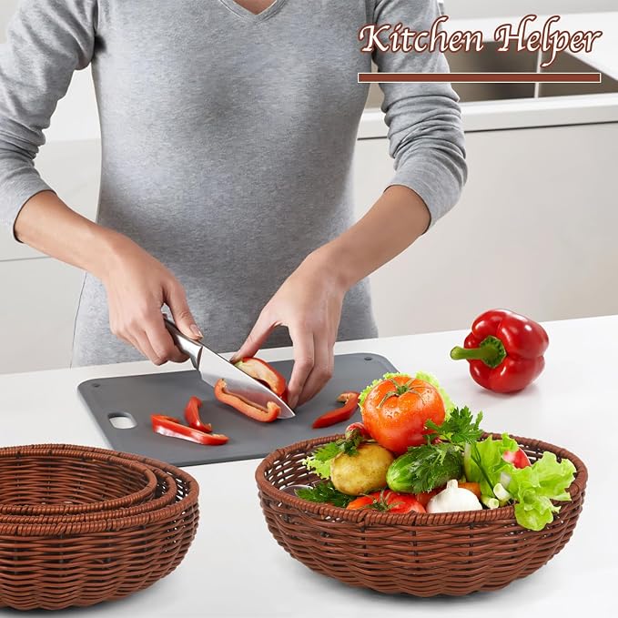 Imitation Wicker Bread Basket, 3 Pack Woven Rattan Basket Round Woven Baskets - Image 5