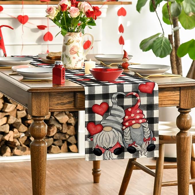 Artoid Mode Watercolor Buffalo Plaid Hearts Gnomes Love Valentine's Table Runner - Image 3