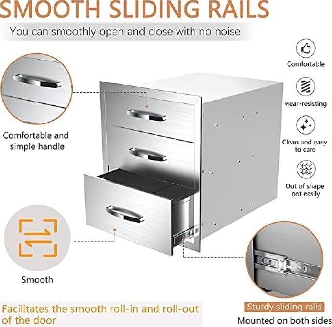 BBQ Outdoor Kitchen Drawers Stainless Steel 3-Drawer Enclosed Built-in Flush - Image 5