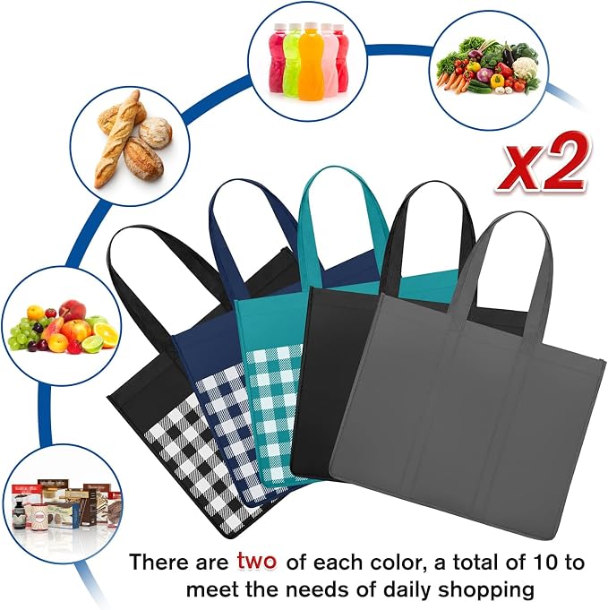 WISELIFE Reusable Grocery Shopping Bags 10 Pack Large Foldable Tote Bags Bulk - Image 3