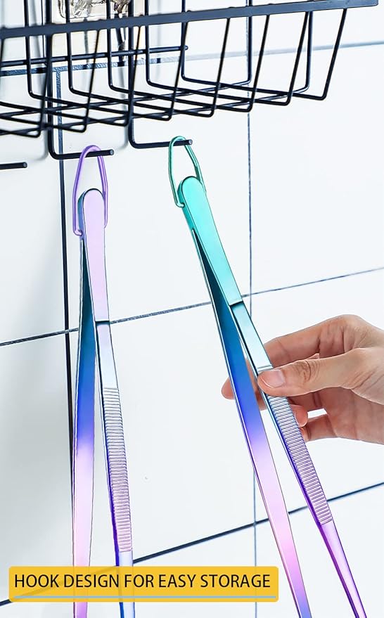 Tongs: 12-Inch Stainless Steel Food Tweezers in Rainbow Finish, Set of 2