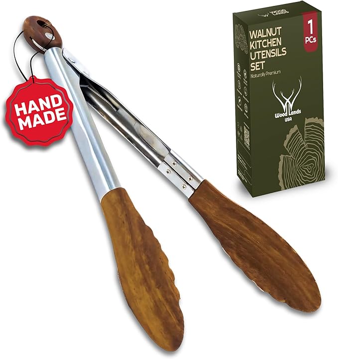 Tongs in Polished Walnut Wood for Grilling and Everyday Cooking