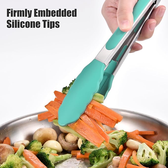 Stainless Steel Locking Kitchen Tongs with Silicone Tips, Aqua Sky