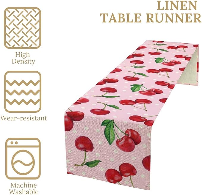 Red Cherry Table Runner, Tropical Fruit Polka Dot Print Table Runner - Image 6