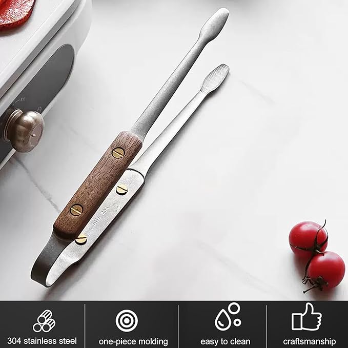 Tongs, 9.5-Inch Stainless Steel Cooking Tongs with Wooden Handle