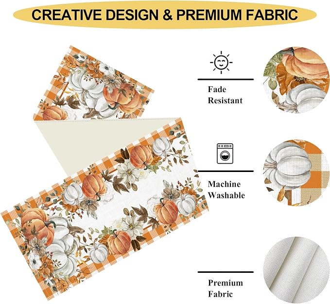 Fall Table Runner, Farmhouse Autumn Pumpkin Harvest Orange Buffalo Plaid - Image 4