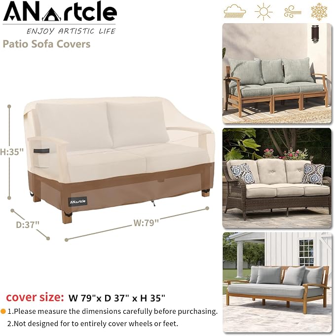 3-Seater Patio Sofa Cover, 79W x 37D x 35H Inches Outdoor Couch Cover, 100% - Image 3