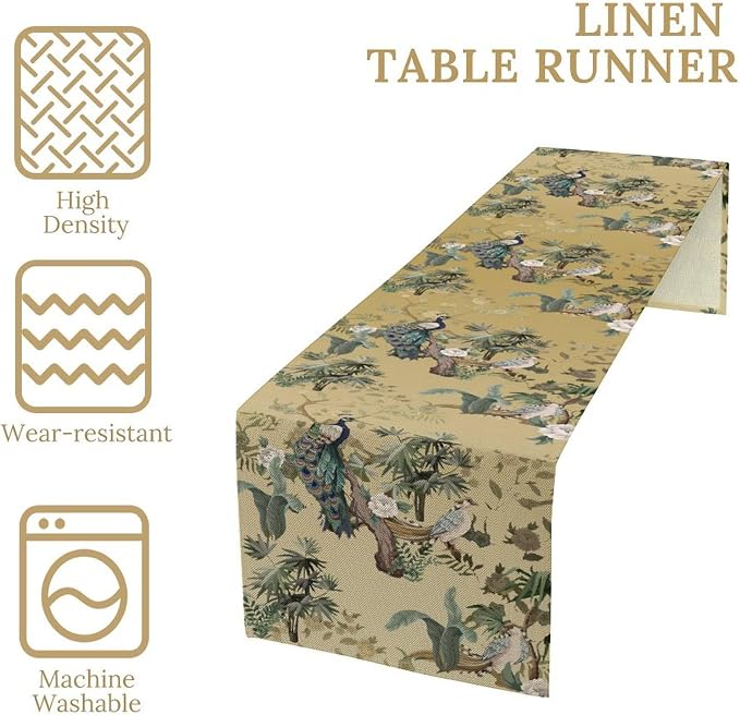 Asian Table Runner, Ruatic Traditionla Chinese Style Penoy Floral Branch Table - Image 4