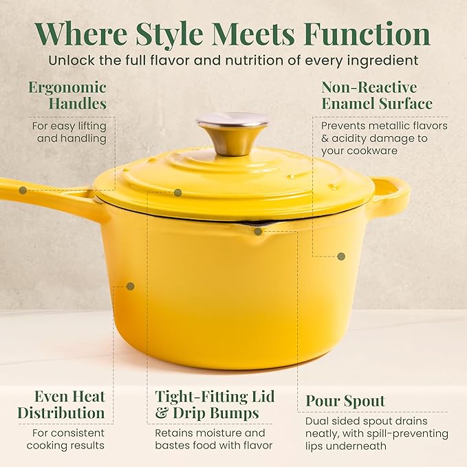 Saucepan with Lid, 2.2 Qt Enameled Cast Iron, Limoncello